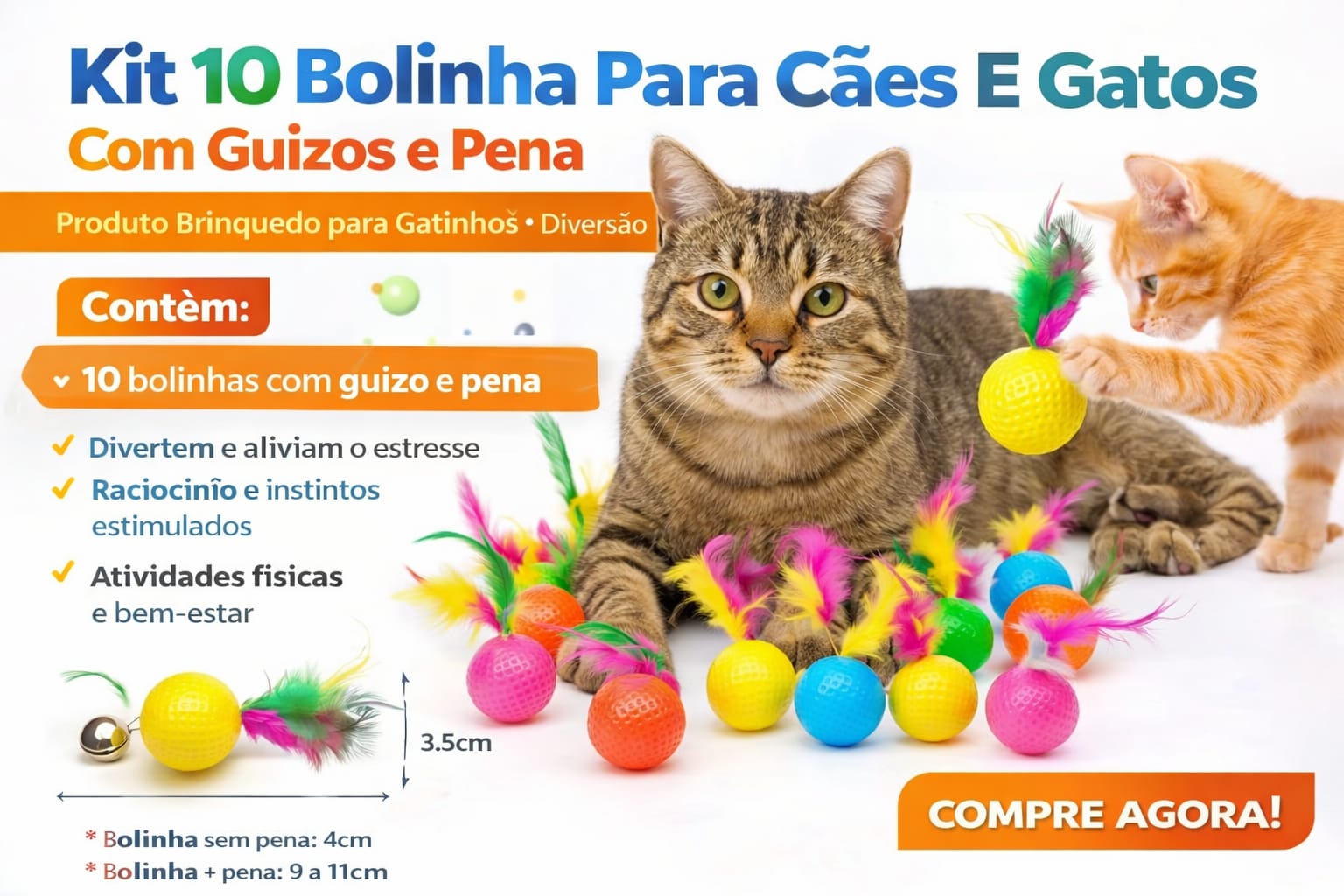 Kit 10 Bolinha Para Cães E Gatos Com Guizos e Pena Produto Brinquedo para Gatinhos Diversão